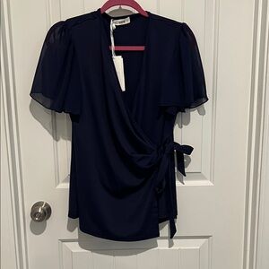 Grace Karin Navy Wrap Blouse with Sheer Sleeves